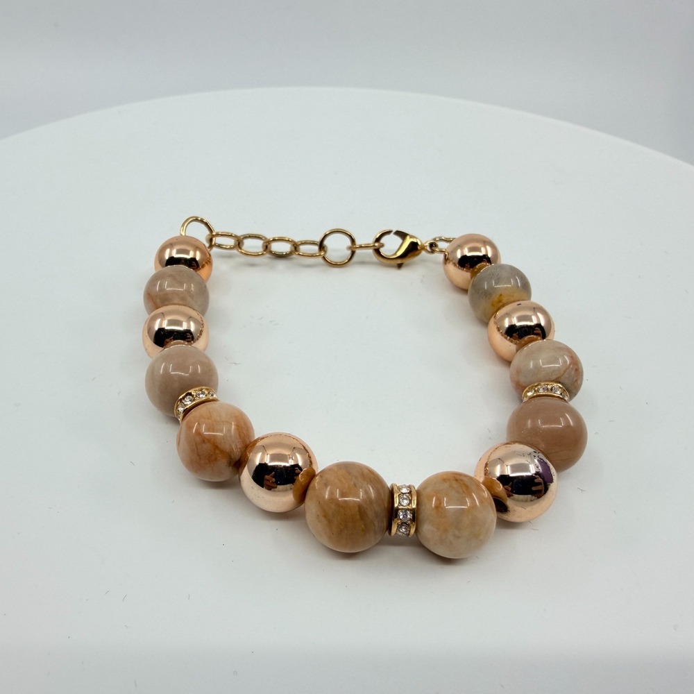 Vintage Y2K Peach Moonstone Beaded Bracelet Rose‎ Gold Tone Crystal Accent